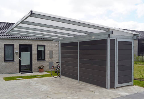Søjlefri PLAN Air til 1 bil og skur i siden beklædt med grå Cembrit