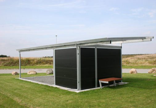 PLAN carport til 1 bil med skur og forlænget tag til en hyggekrog