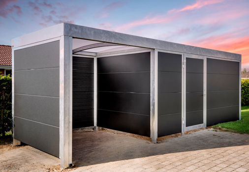 Kombi UNA redskabsskur med lukket og åbent skur under samme tag