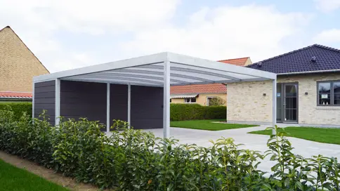 UNA dobbeltcarport i stål med redskabsrum